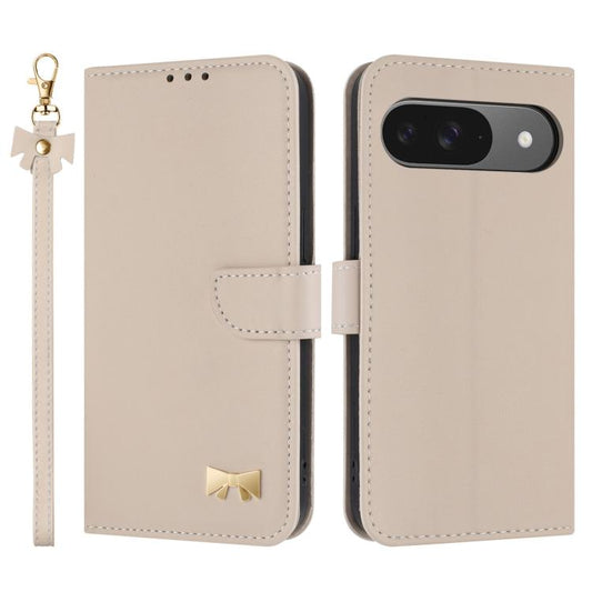 For Google Pixel 10 Pro / 9 Pro Metal Bow Leather Phone Case with Hand Strap(Apricot) - Google Cases by buy2fix | Online Shopping UK | buy2fix