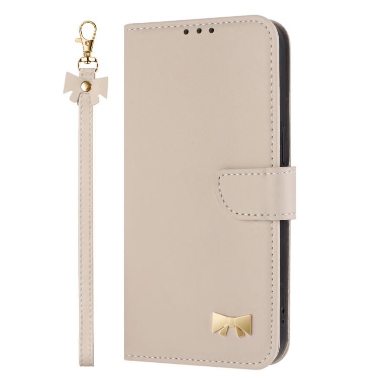 For Google Pixel 10 Pro / 9 Pro Metal Bow Leather Phone Case with Hand Strap(Apricot) - Google Cases by buy2fix | Online Shopping UK | buy2fix