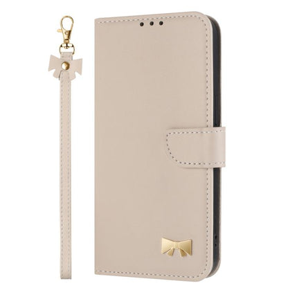 For Google Pixel 10 Pro / 9 Pro Metal Bow Leather Phone Case with Hand Strap(Apricot) - Google Cases by buy2fix | Online Shopping UK | buy2fix