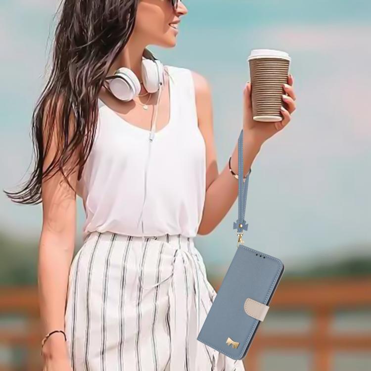 For Google Pixel 10 Pro / 9 Pro Metal Bow Leather Phone Case with Hand Strap(Light Blue) - Google Cases by buy2fix | Online Shopping UK | buy2fix