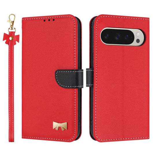 For Google Pixel 10 Pro XL / 9 Pro XL Metal Bow Leather Phone Case with Hand Strap(Red) - Google Cases by buy2fix | Online Shopping UK | buy2fix