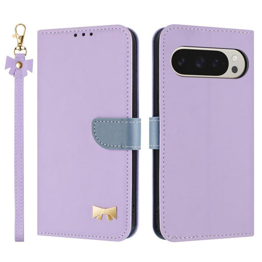 For Google Pixel 10 Pro XL / 9 Pro XL Metal Bow Leather Phone Case with Hand Strap(Purple) - Google Cases by buy2fix | Online Shopping UK | buy2fix