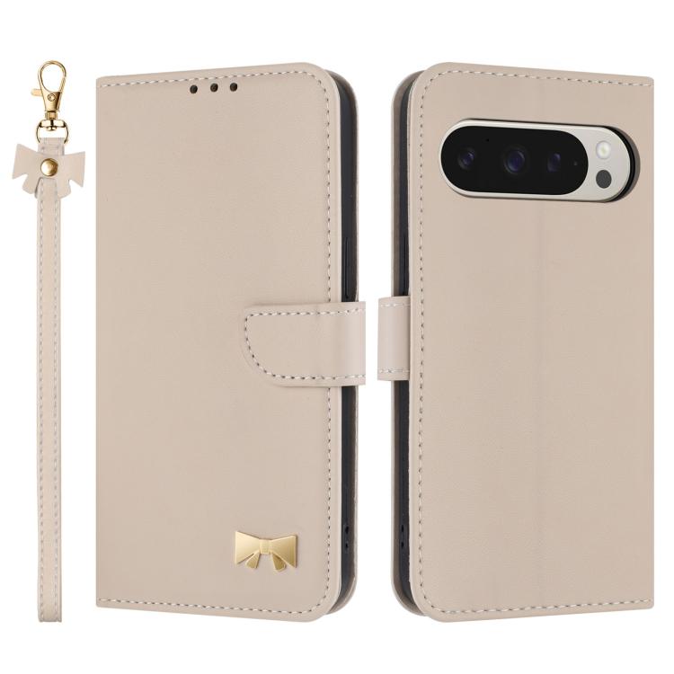 For Google Pixel 10 Pro XL / 9 Pro XL Metal Bow Leather Phone Case with Hand Strap(Apricot) - Google Cases by buy2fix | Online Shopping UK | buy2fix