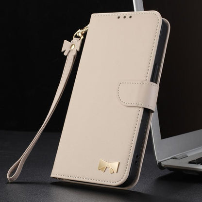 For Google Pixel 10 Pro XL / 9 Pro XL Metal Bow Leather Phone Case with Hand Strap(Apricot) - Google Cases by buy2fix | Online Shopping UK | buy2fix