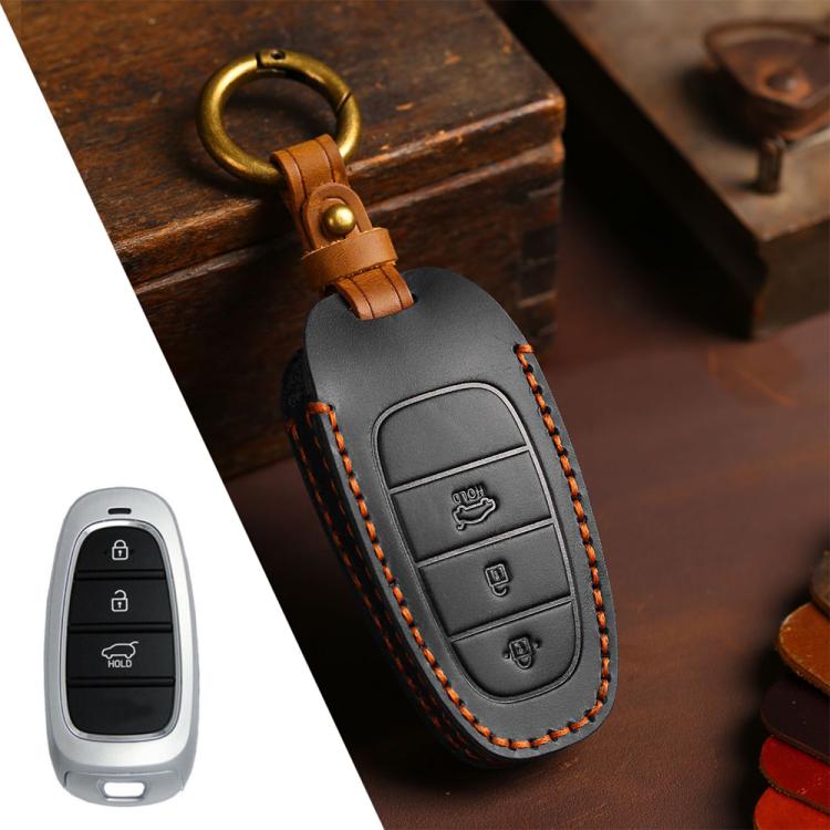 For Hyundai Staria / Sonata 3-button B121 Crazy Horse Cowhide Car Key Protection Cover(Black) - Car Key Cases by Hallmo | Online Shopping UK | buy2fix