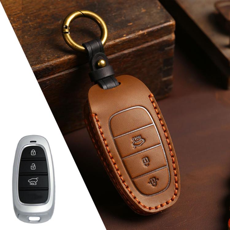 For Hyundai Staria / Sonata 3-button B121 Crazy Horse Cowhide Car Key Protection Cover(Brown) - Car Key Cases by Hallmo | Online Shopping UK | buy2fix
