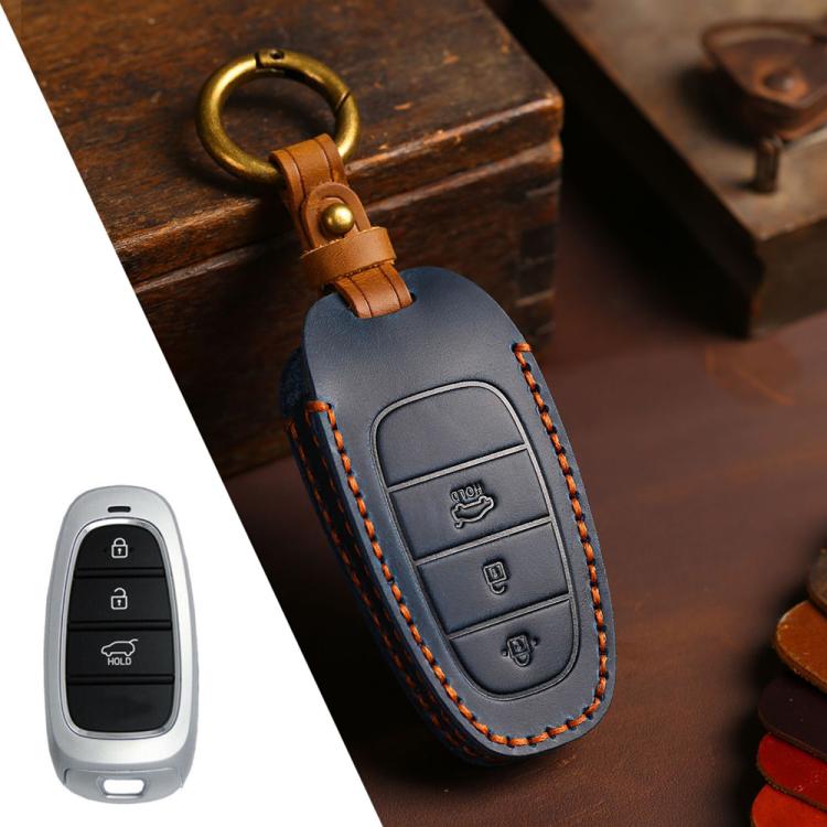 For Hyundai Staria / Sonata 3-button B121 Crazy Horse Cowhide Car Key Protection Cover(Blue) - Car Key Cases by Hallmo | Online Shopping UK | buy2fix
