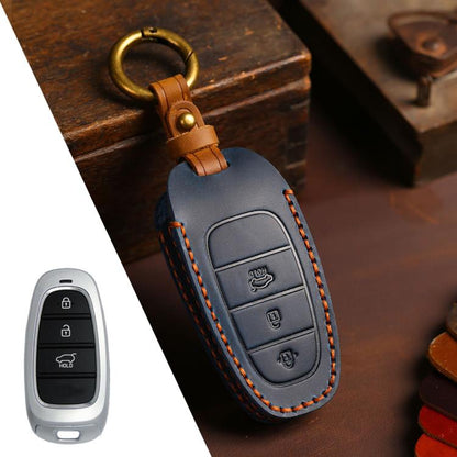 For Hyundai Staria / Sonata 3-button B121 Crazy Horse Cowhide Car Key Protection Cover(Blue) - Car Key Cases by Hallmo | Online Shopping UK | buy2fix