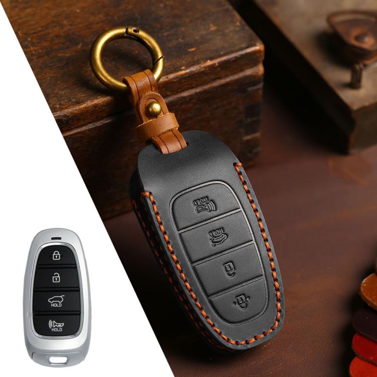 For Hyundai Staria / Sonata 4-button B122 Crazy Horse Cowhide Car Key Protection Cover(Black) - Car Key Cases by Hallmo | Online Shopping UK | buy2fix