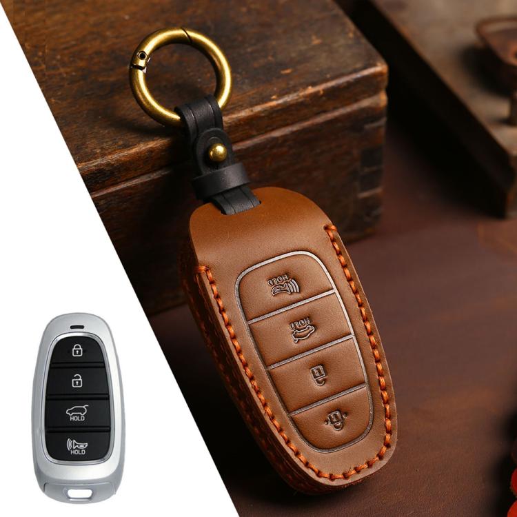 For Hyundai Staria / Sonata 4-button B122 Crazy Horse Cowhide Car Key Protection Cover(Brown) - Car Key Cases by Hallmo | Online Shopping UK | buy2fix