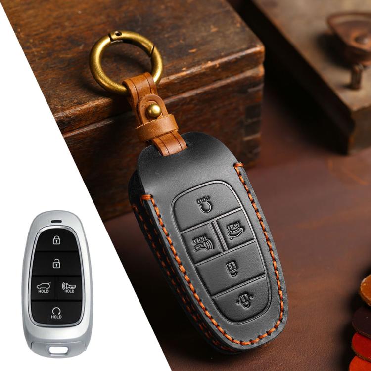 For Hyundai Staria / Sonata 5-button B123 Crazy Horse Cowhide Car Key Protection Cover(Black) - Car Key Cases by Hallmo | Online Shopping UK | buy2fix