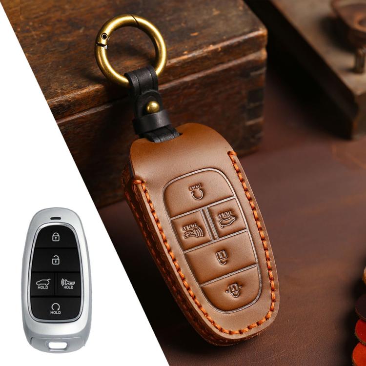 For Hyundai Staria / Sonata 5-button B123 Crazy Horse Cowhide Car Key Protection Cover(Brown) - Car Key Cases by Hallmo | Online Shopping UK | buy2fix