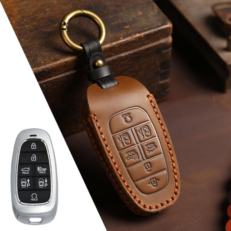 For Hyundai Staria / Sonata 7-button B124 Crazy Horse Cowhide Car Key Protection Cover(Brown) - Car Key Cases by Hallmo | Online Shopping UK | buy2fix