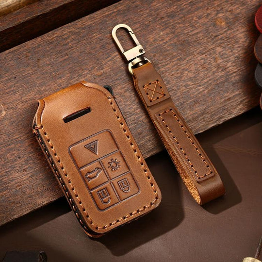 For Volvo XC60 / XC90 / S90 5-button C046 Crazy Horse Cowhide Car Key Protection Cover(Brown)