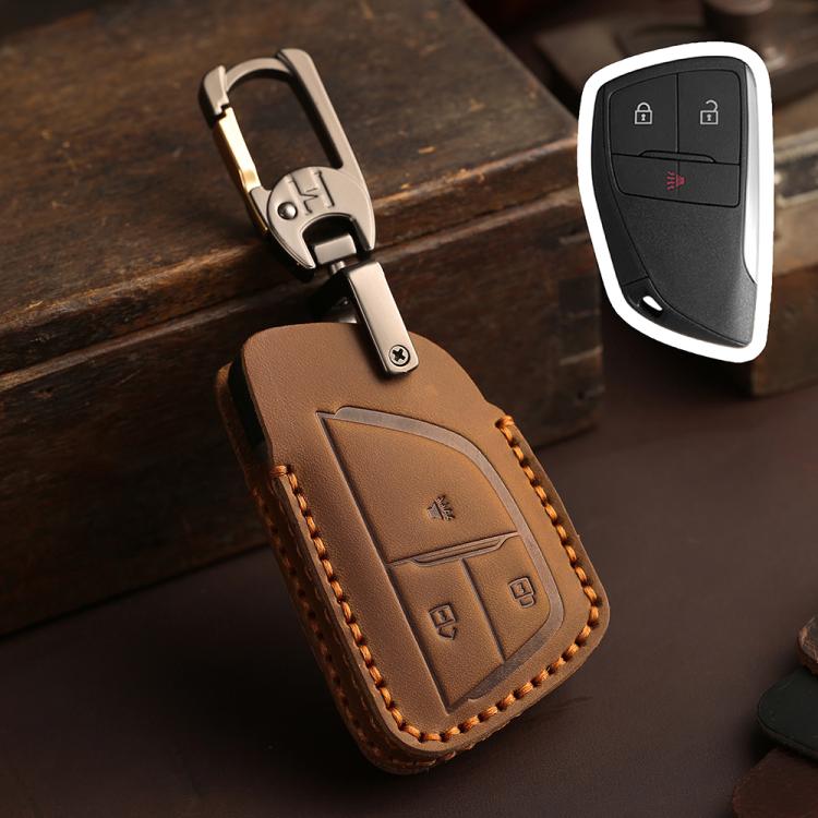 For Buick Envision Plus 2023 Hallmo Crazy Horse Cowhide Car Key Protection Cover(3-button Brown) - Car Key Cases by Hallmo | Online Shopping UK | buy2fix