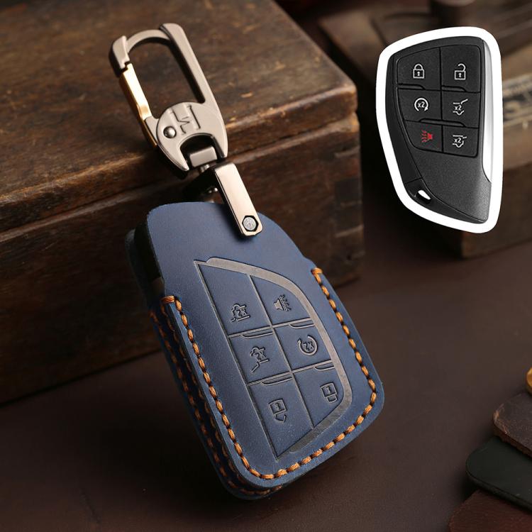 For Buick Envision Plus 2023 Hallmo Crazy Horse Cowhide Car Key Protection Cover(6-button Blue) - Car Key Cases by Hallmo | Online Shopping UK | buy2fix