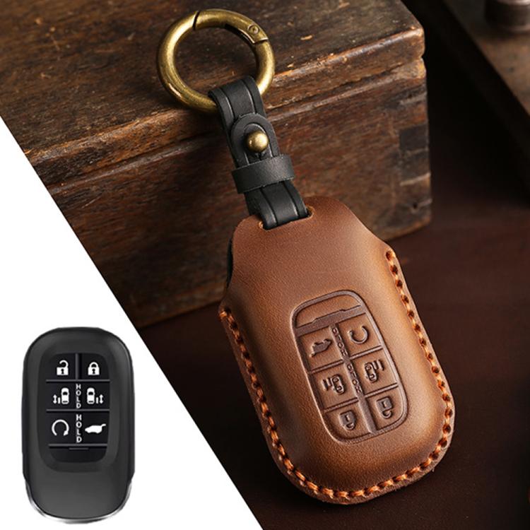 For Honda Odyssey 2024 Hallmo Crazy Horse Cowhide Car Key Protection Cover(6-button Brown) - Car Key Cases by Hallmo | Online Shopping UK | buy2fix