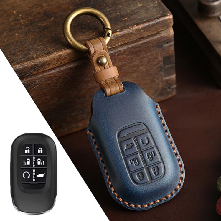For Honda Odyssey 2024 Hallmo Crazy Horse Cowhide Car Key Protection Cover(6-button Blue) - Car Key Cases by Hallmo | Online Shopping UK | buy2fix