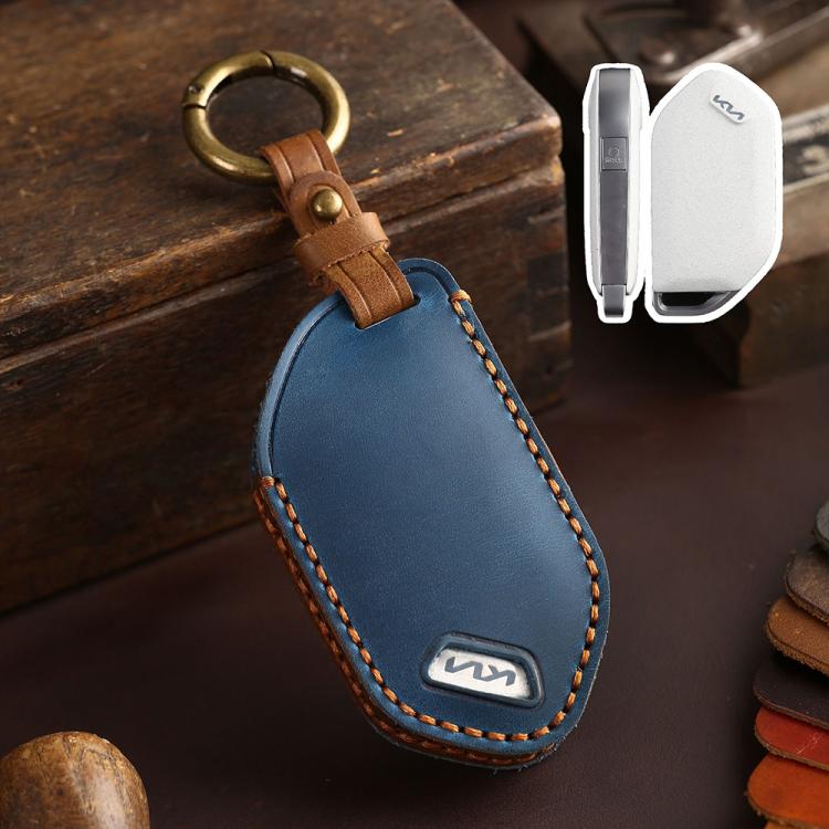 For Kia K3 / K5 2024 Hallmo Crazy Horse Cowhide Car Key Protection Cover(5-button Blue) - Car Key Cases by Hallmo | Online Shopping UK | buy2fix