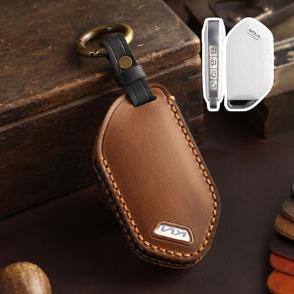For Kia K3 / K5 2024 Hallmo Crazy Horse Cowhide Car Key Protection Cover(9-button Brown) - Car Key Cases by Hallmo | Online Shopping UK | buy2fix