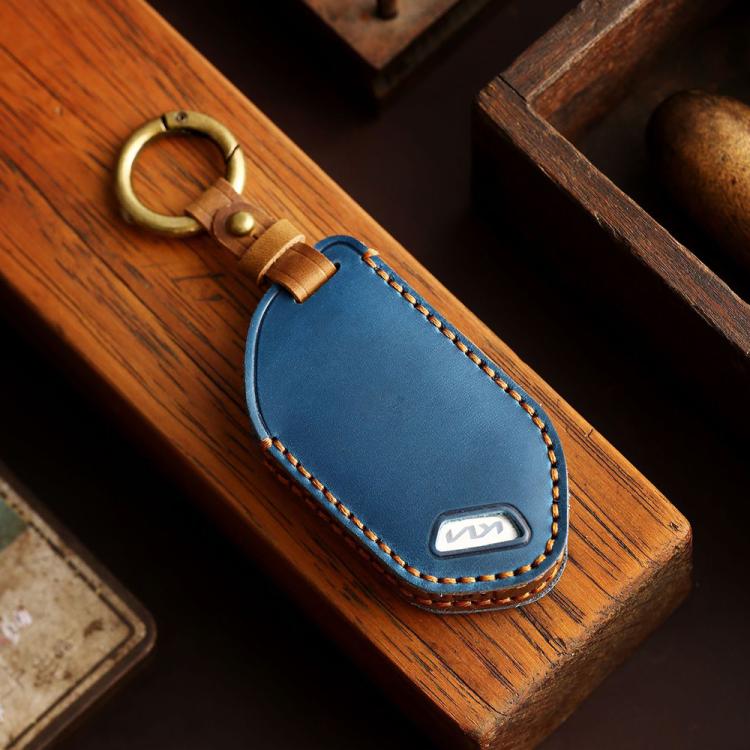 For Kia K3 / K5 2024 Hallmo Crazy Horse Cowhide Car Key Protection Cover(7-button Blue) - Car Key Cases by Hallmo | Online Shopping UK | buy2fix