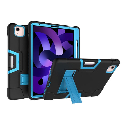 For iPad Air 2022 / 2020 10.9 Contrast Color Robot Shockproof Silicon + PC Protective Case with Holder & Pen Slot(Black + Blue) - iPad Air (2022) / (2020) 10.9 Cases by buy2fix | Online Shopping UK | buy2fix