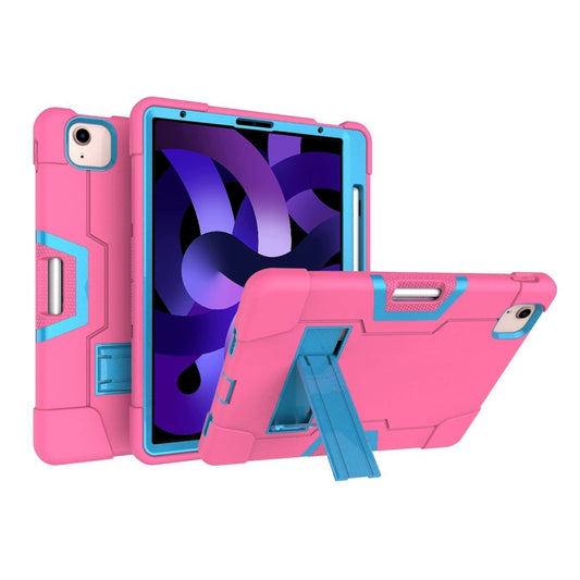 For iPad Air 2022 / 2020 10.9 Contrast Color Robot Shockproof Silicon + PC Protective Case with Holder & Pen Slot(Rose Red + Blue) - iPad Air (2022) / (2020) 10.9 Cases by buy2fix | Online Shopping UK | buy2fix