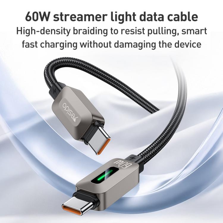 Yesido CA198 60W Type-C to Type-C Streamer Light Data Cable, Length: 1.2m(Grey) - USB-C & Type-C Cable by Yesido | Online Shopping UK | buy2fix
