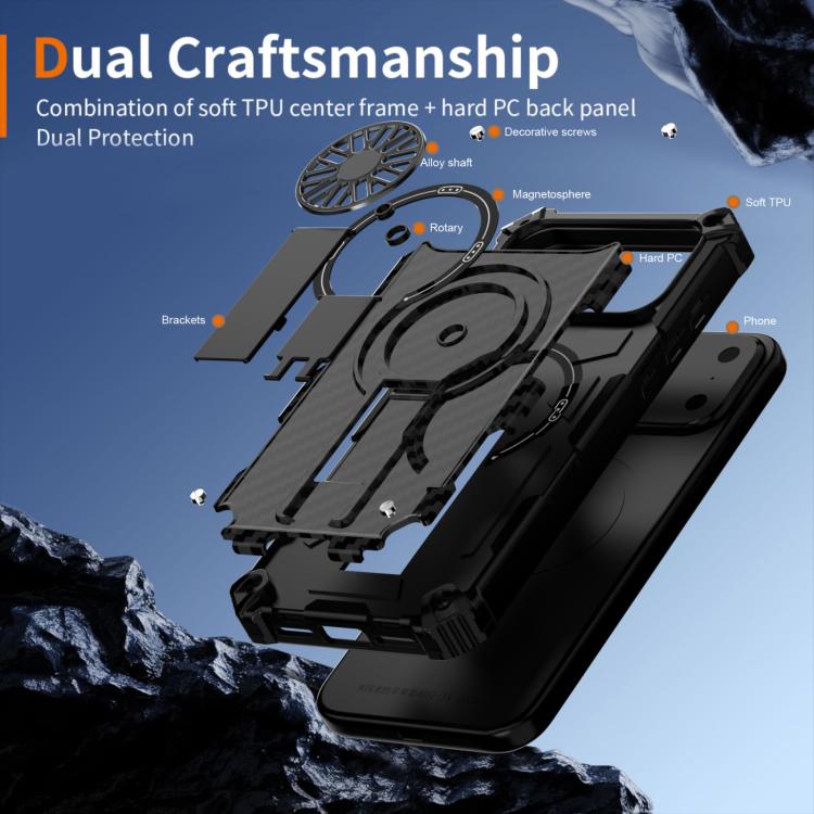 For iPhone 17 Pro Max Camouflage Kickstand Rotating Shaft MagSafe Phone Case(Carbon Fiber Black) - iPhone 17 Pro Max Cases by buy2fix | Online Shopping UK | buy2fix