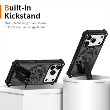For iPhone 17 Pro Camouflage Kickstand Rotating Shaft MagSafe Phone Case(Carbon Fiber Black) - iPhone 17 Pro Cases by buy2fix | Online Shopping UK | buy2fix