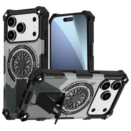 For iPhone 17 Pro Camouflage Kickstand Rotating Shaft MagSafe Phone Case(Carbon Fiber Grey) - iPhone 17 Pro Cases by buy2fix | Online Shopping UK | buy2fix