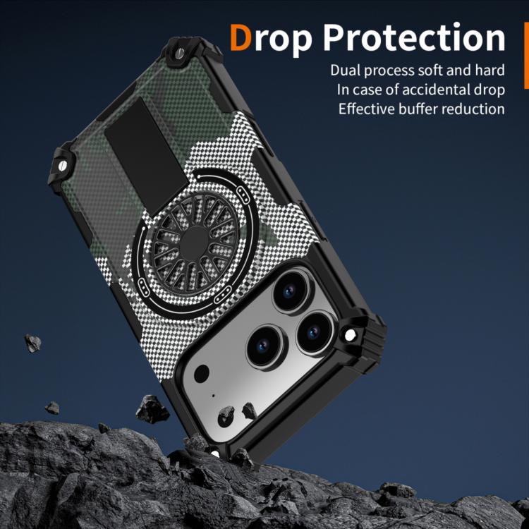 For iPhone 17 Pro Camouflage Kickstand Rotating Shaft MagSafe Phone Case(Carbon Fiber Grey) - iPhone 17 Pro Cases by buy2fix | Online Shopping UK | buy2fix