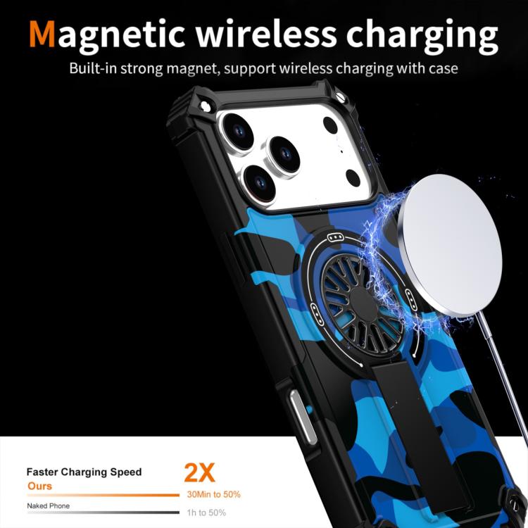 For iPhone 17 Camouflage Kickstand Rotating Shaft MagSafe Phone Case(Blue Camouflage) - iPhone 17 Cases by buy2fix | Online Shopping UK | buy2fix