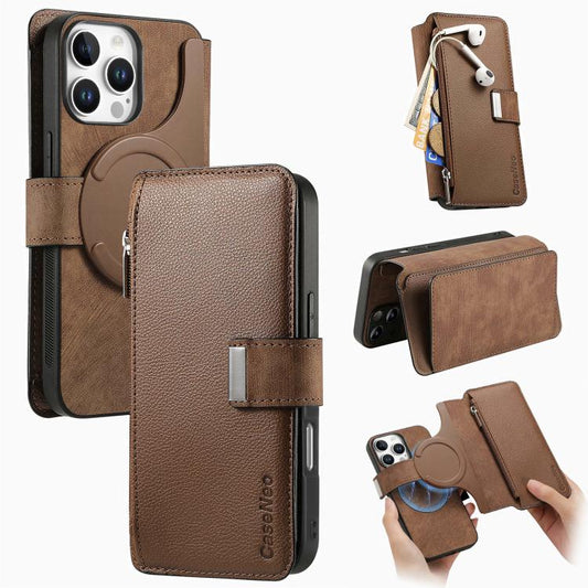 For iPhone 16 Pro CaseNeo MagSafe RFID Anti-theft Zipper Wallet Retro Leather Phone Case(Brown) - iPhone 16 Pro Cases by CaseNeo | Online Shopping UK | buy2fix