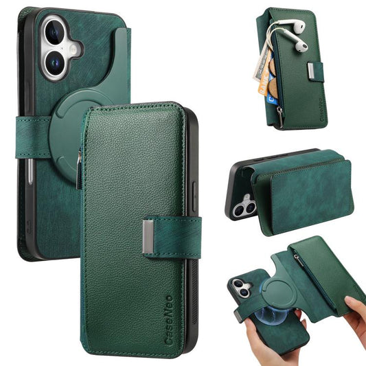 For iPhone 16 CaseNeo MagSafe RFID Anti-theft Zipper Wallet Retro Leather Phone Case(Green) - iPhone 16 Cases by CaseNeo | Online Shopping UK | buy2fix