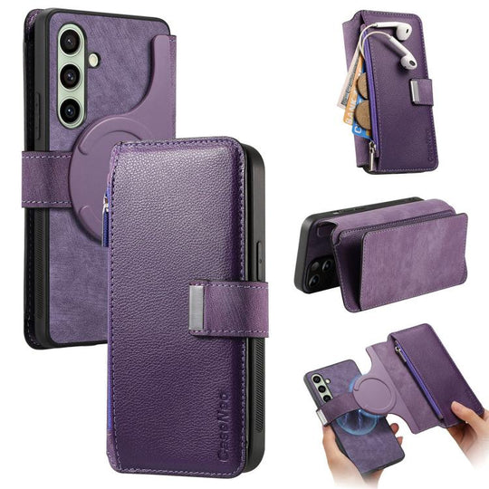 For Galaxy S24 FE 5G CaseNeo MagSafe RFID Anti-theft Zipper Wallet Retro Leather Phone Case(Purple)