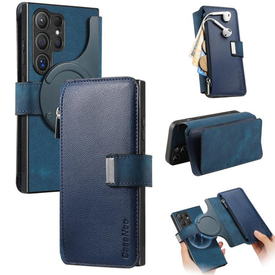 For Galaxy S24 Ultra 5G CaseNeo MagSafe RFID Anti-theft Zipper Wallet Retro Leather Phone Case(Blue)