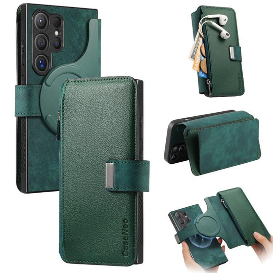 For Galaxy S24 Ultra 5G CaseNeo MagSafe RFID Anti-theft Zipper Wallet Retro Leather Phone Case(Green)