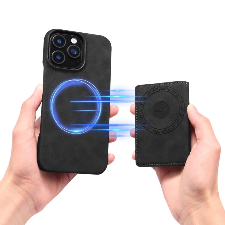 For iPhone 16 Denior D27 Retro Texture RFID MagSafe Photo Frame Card-slot Phone Case(Black) - iPhone 16 Cases by Denior | Online Shopping UK | buy2fix