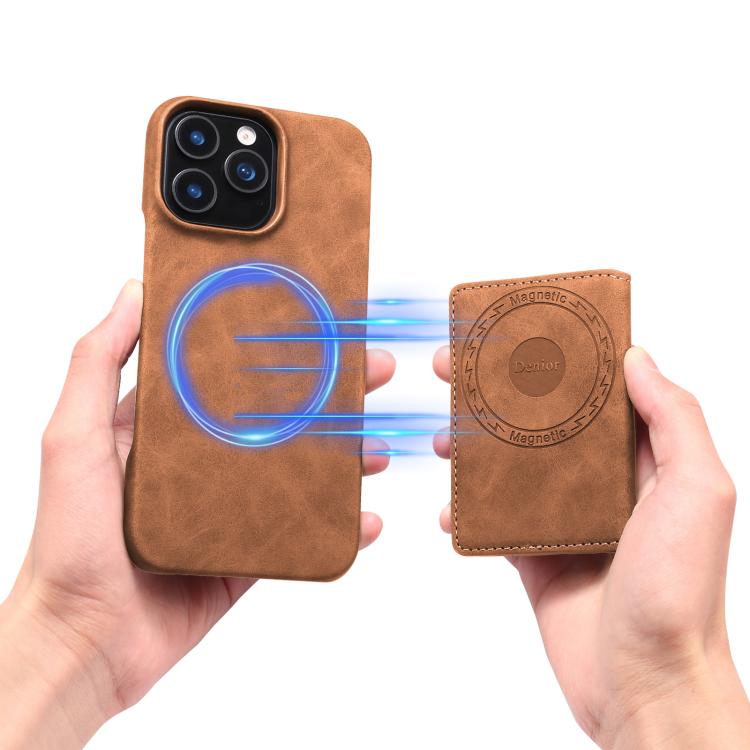 For iPhone 16 Denior D27 Retro Texture RFID MagSafe Photo Frame Card-slot Phone Case(Brown) - iPhone 16 Cases by Denior | Online Shopping UK | buy2fix