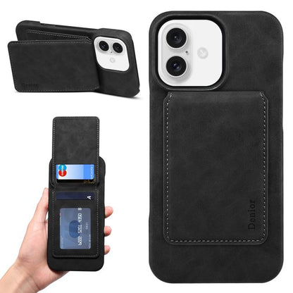 For iPhone 16 Denior D28 Retro Texture RFID MagSafe Vertical Flip Card-slot Phone Case(Black) - iPhone 16 Cases by Denior | Online Shopping UK | buy2fix