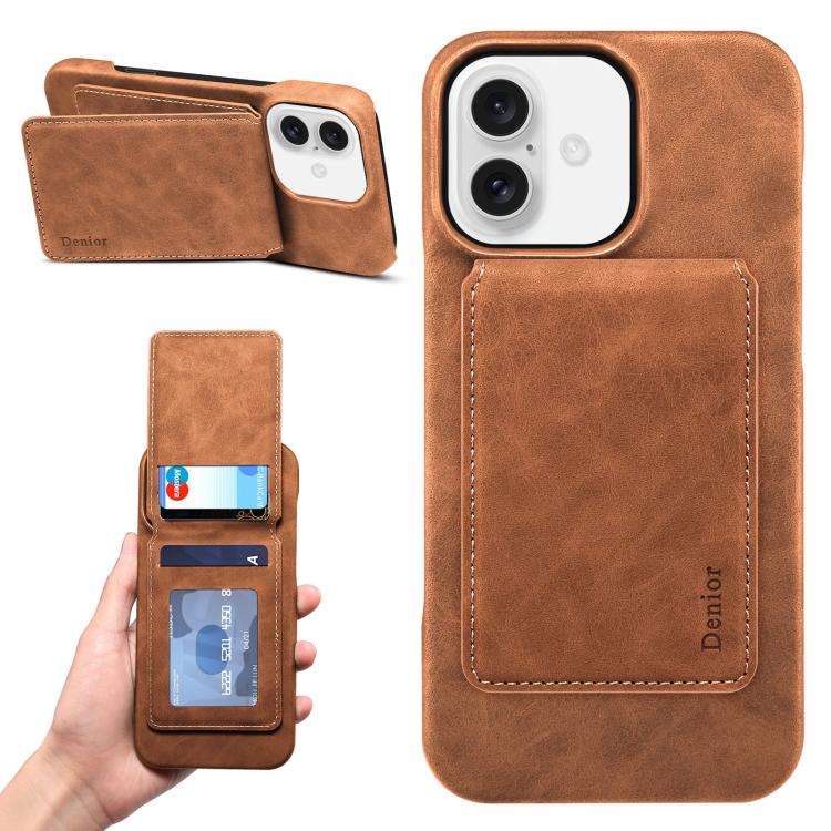 For iPhone 16 Denior D28 Retro Texture RFID MagSafe Vertical Flip Card-slot Phone Case(Brown) - iPhone 16 Cases by Denior | Online Shopping UK | buy2fix