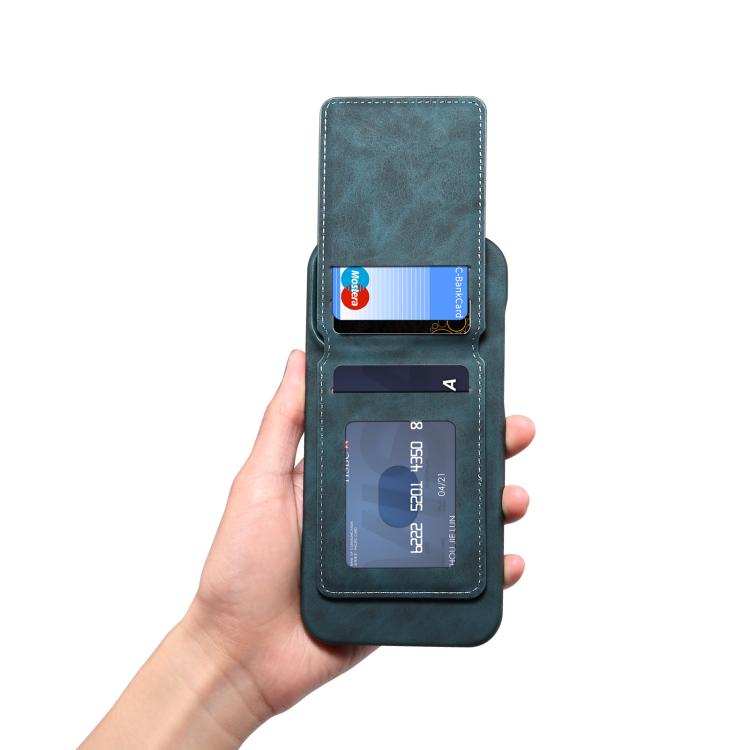 For iPhone 16 Plus Denior D28 Retro Texture RFID MagSafe Vertical Flip Card-slot Phone Case(Blue) - iPhone 16 Plus Cases by Denior | Online Shopping UK | buy2fix