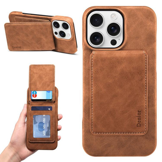 For iPhone 16 Pro Denior D28 Retro Texture RFID MagSafe Vertical Flip Card-slot Phone Case(Brown) - iPhone 16 Pro Cases by Denior | Online Shopping UK | buy2fix