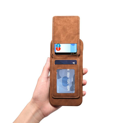 For iPhone 16 Pro Denior D28 Retro Texture RFID MagSafe Vertical Flip Card-slot Phone Case(Brown) - iPhone 16 Pro Cases by Denior | Online Shopping UK | buy2fix