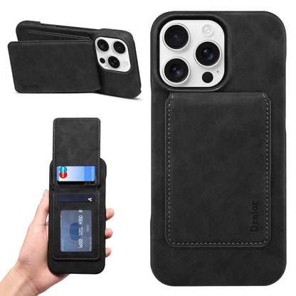 For iPhone 16 Pro Max Denior D28 Retro Texture RFID MagSafe Vertical Flip Card-slot Phone Case(Black) - iPhone 16 Pro Max Cases by Denior | Online Shopping UK | buy2fix