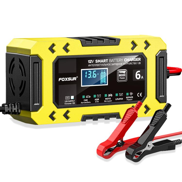 FOXSUR FBC1206F 12V 6A Car Motorcycle Battery Charger Smart Repair Multi-function Charger, EU Plug(Yellow) - Battery Charger by FOXSUR | Online Shopping UK | buy2fix