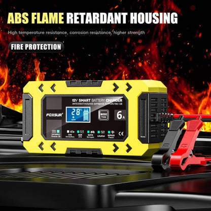 FOXSUR FBC1206F 12V 6A Car Motorcycle Battery Charger Smart Repair Multi-function Charger, EU Plug(Yellow) - Battery Charger by FOXSUR | Online Shopping UK | buy2fix