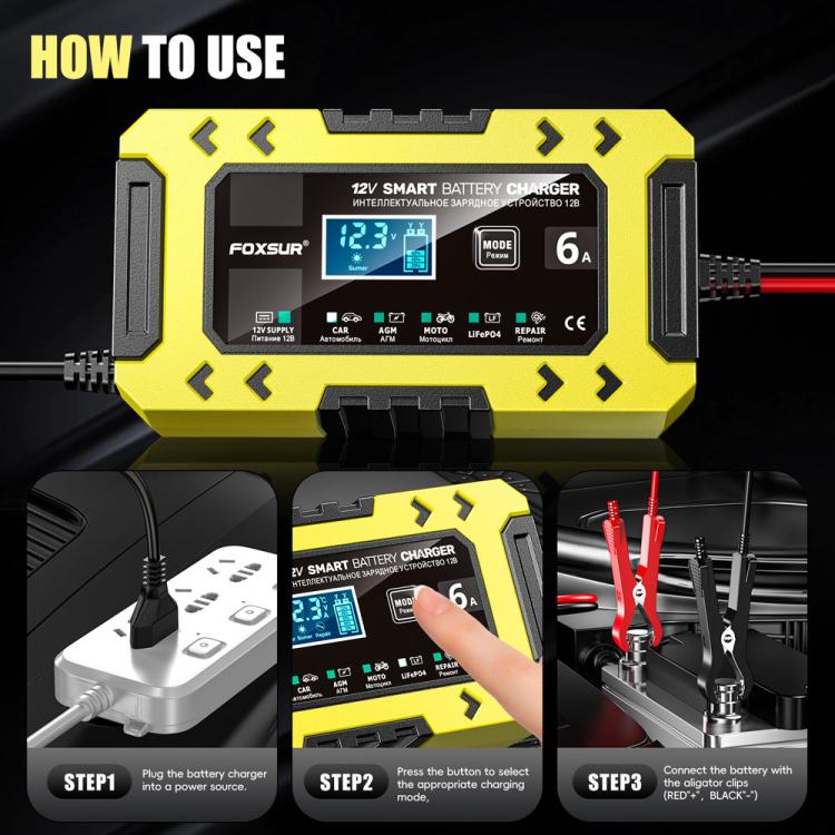 FOXSUR FBC1206F 12V 6A Car Motorcycle Battery Charger Smart Repair Multi-function Charger, EU Plug(Yellow) - Battery Charger by FOXSUR | Online Shopping UK | buy2fix