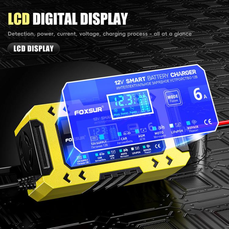 FOXSUR FBC1206F 12V 6A Car Motorcycle Battery Charger Smart Repair Multi-function Charger, EU Plug(Yellow) - Battery Charger by FOXSUR | Online Shopping UK | buy2fix